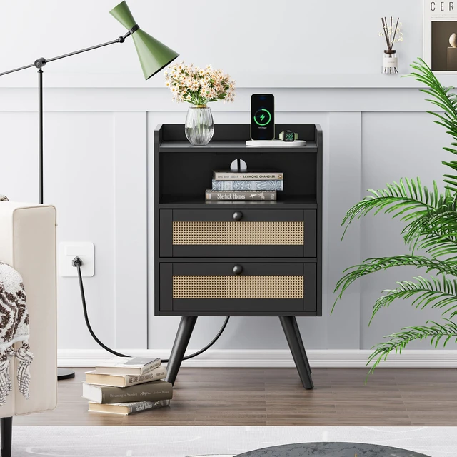 Alt view image 4 of 7 - Night Stand with Charger Station, Boho Rattan Nightstand Set of 2 | 25.2 Inch Tall Bed Side Table with 2 Drawer &Solid Wood Feet, End Table, Open Storage, Synthetic Rattan for Bedroom, Black