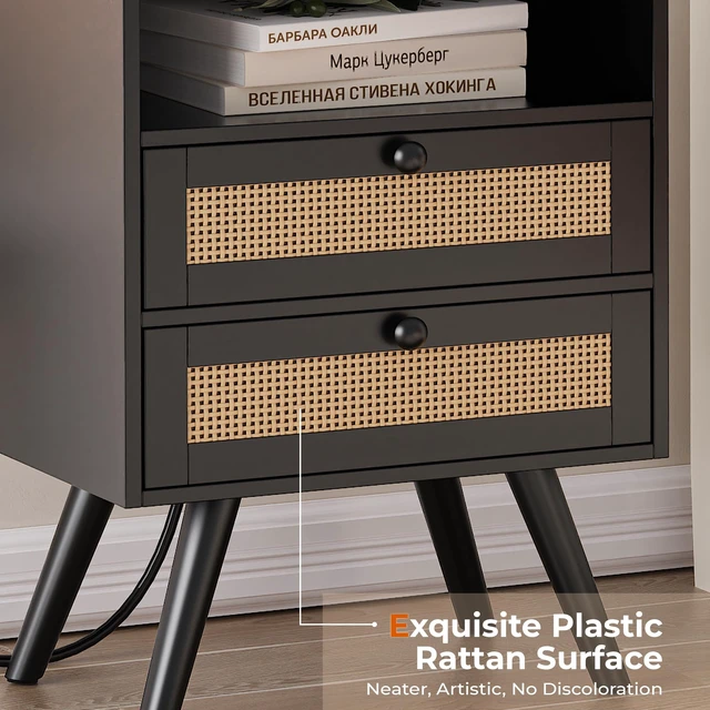 Alt view image 5 of 7 - Night Stand with Charger Station, Boho Rattan Nightstand Set of 2 | 25.2 Inch Tall Bed Side Table with 2 Drawer &Solid Wood Feet, End Table, Open Storage, Synthetic Rattan for Bedroom, Black