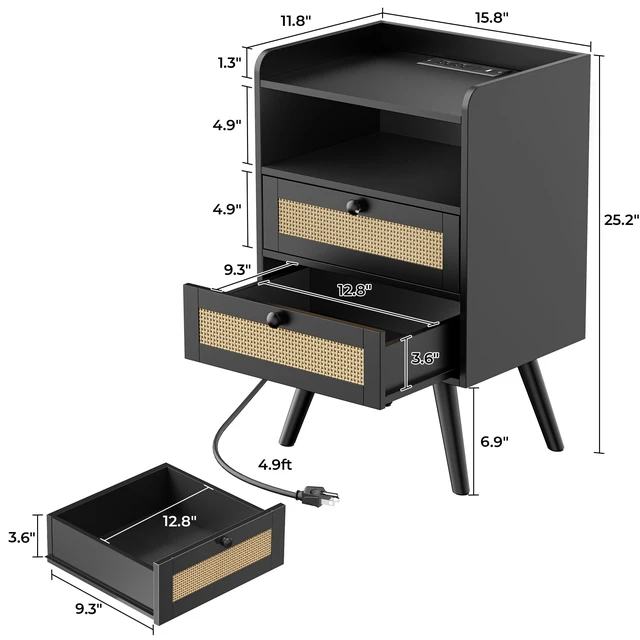 Alt view image 6 of 7 - Night Stand with Charger Station, Boho Rattan Nightstand Set of 2 | 25.2 Inch Tall Bed Side Table with 2 Drawer &Solid Wood Feet, End Table, Open Storage, Synthetic Rattan for Bedroom, Black