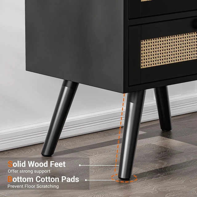 Alt view image 7 of 7 - Night Stand with Charger Station, Boho Rattan Nightstand Set of 2 | 25.2 Inch Tall Bed Side Table with 2 Drawer &Solid Wood Feet, End Table, Open Storage, Synthetic Rattan for Bedroom, Black