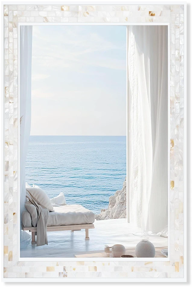 Main image of White 24 x 36 Inch Mosaic Bathroom Mirror for Wall | Natural mother of pearl shell frame, tempered glass, coastal boho bedroom living Room wall decor