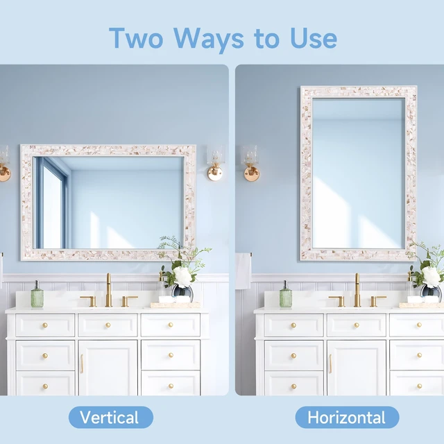 Alt view image 3 of 6 - White 24 x 36 Inch Mosaic Bathroom Mirror for Wall | Natural mother of pearl shell frame, tempered glass, coastal boho bedroom living Room wall decor