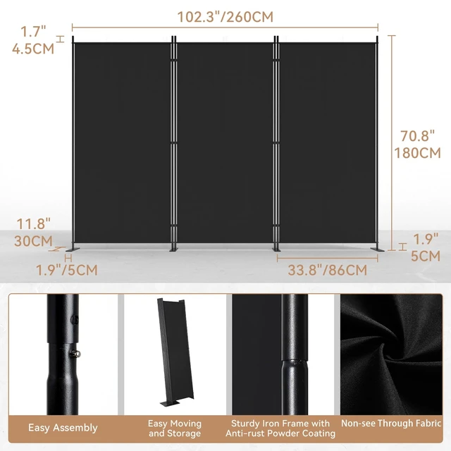 Alt view image 4 of 7 - 3 Panels Room Divider, 6 Ft Tall Indoor Folding Privacy Screen, Portable Partition Separator, Freestanding Separation Temporary Wall for Office, Bedroom, 102" W X 71" H, Black