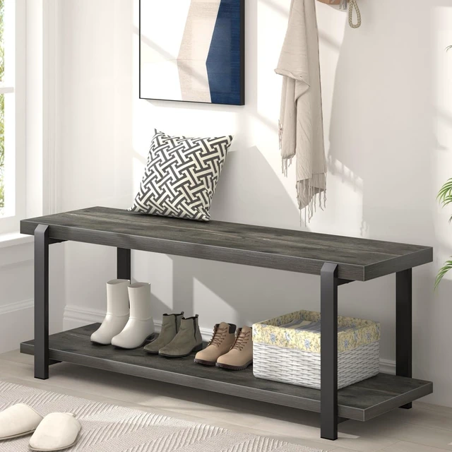 Alt view image 2 of 7 - Industrial Entryway Bench with Storage, Rustic Wood and Metal Shoe Rack Bench Seat, 47 Inch Grey
