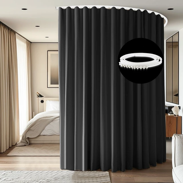 Main image of Room Divider Ceiling Mounted Curtains Track Sets Extra Wide Blackout Curtain Flexible Tracks for Bedroom Privacy Partition Separator, 1 Panel Black Drape and White Rail, W12.5 x H8ft