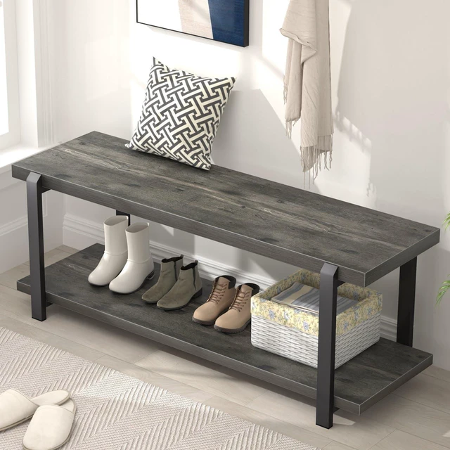 Main image of Industrial Entryway Bench with Storage, Rustic Wood and Metal Shoe Rack Bench Seat, 47 Inch Grey