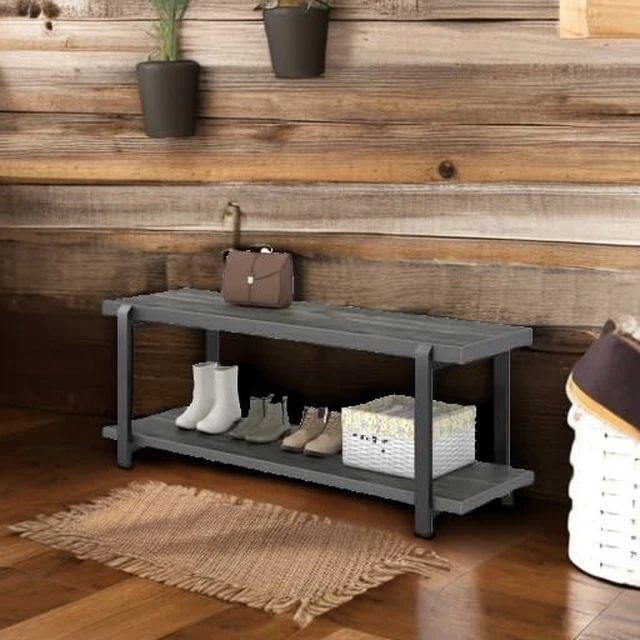 Alt view image 5 of 7 - Industrial Entryway Bench with Storage, Rustic Wood and Metal Shoe Rack Bench Seat, 47 Inch Grey