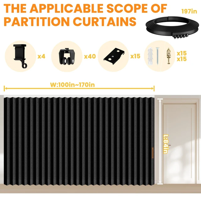 Alt view image 2 of 7 - Room Divider Curtain Sets with Flexible Ceiling Track, Privacy Soundproof Curtain for Bedroom Office Patio Sliding Door(Black, W180 x L84, 1 Pack)