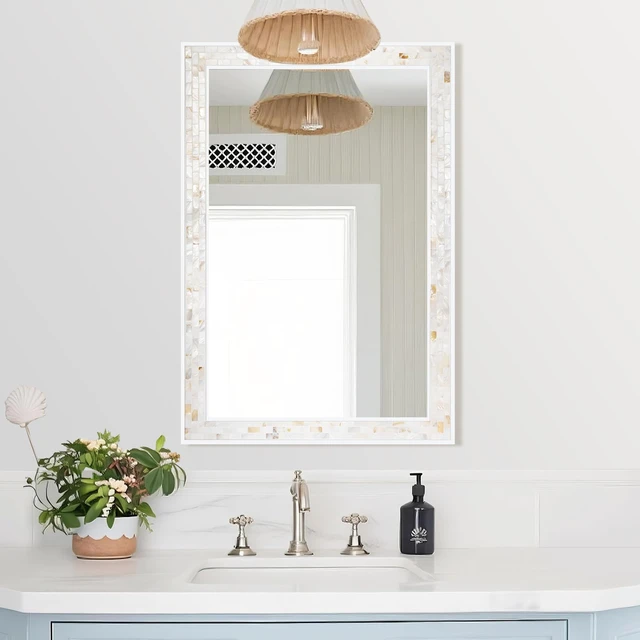 Alt view image 5 of 6 - White 24 x 36 Inch Mosaic Bathroom Mirror for Wall | Natural mother of pearl shell frame, tempered glass, coastal boho bedroom living Room wall decor