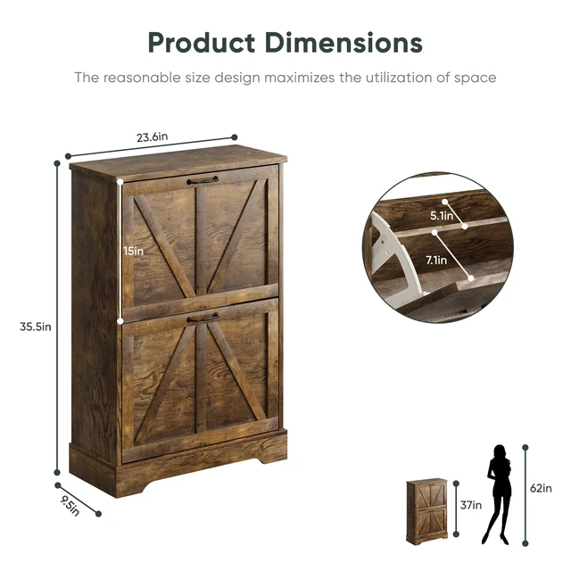 Alt view image 2 of 6 - Shoe Cabinet, Shoe Storage Cabinet for Entryway with 2 Flip Drawers, Narrow Farmhouse Shoe Organizer Cabinet, Slim Shoe Rack Cabinet, 23.6in Rustic Brown