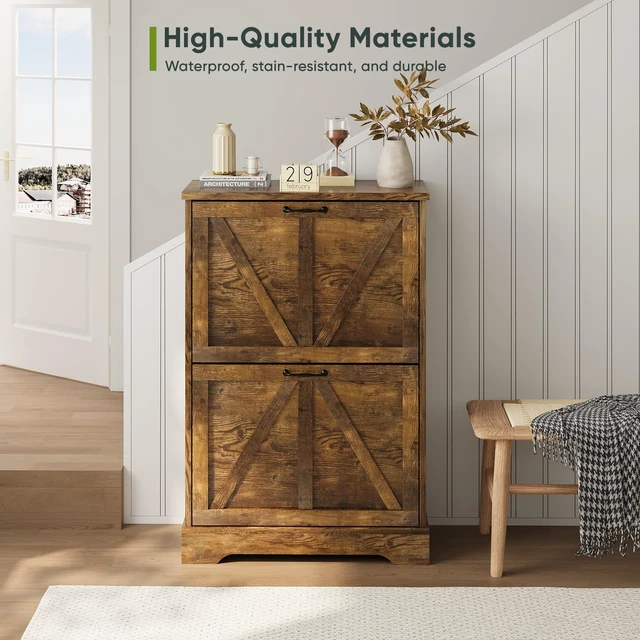 Alt view image 3 of 6 - Shoe Cabinet, Shoe Storage Cabinet for Entryway with 2 Flip Drawers, Narrow Farmhouse Shoe Organizer Cabinet, Slim Shoe Rack Cabinet, 23.6in Rustic Brown