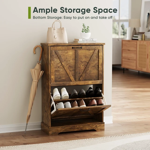 Alt view image 5 of 6 - Shoe Cabinet, Shoe Storage Cabinet for Entryway with 2 Flip Drawers, Narrow Farmhouse Shoe Organizer Cabinet, Slim Shoe Rack Cabinet, 23.6in Rustic Brown