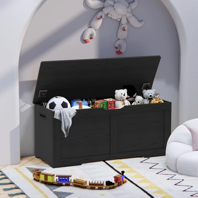 Alt view image 3 of 7 - 39.4" Storage Chest, Wooden Storage Bench, Lift Top Toy Chest | Large Toy Box with 2 Safety Hinges, Entryway Bench for Bedroom, Living Room, Black