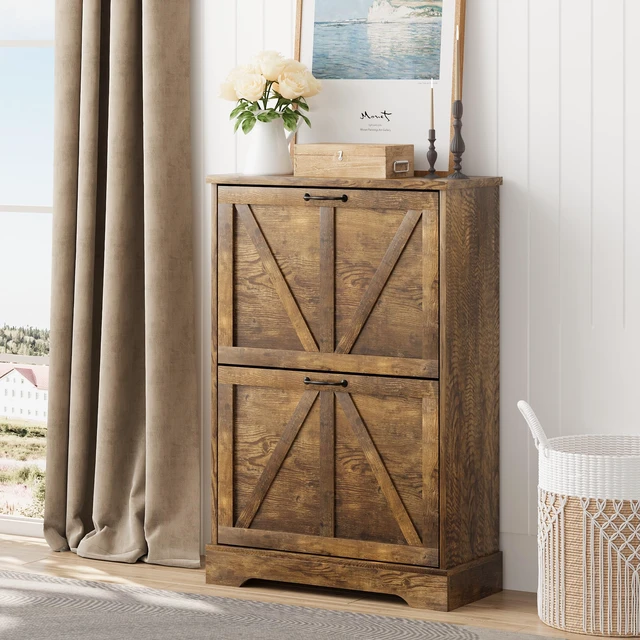 Alt view image 6 of 6 - Shoe Cabinet, Shoe Storage Cabinet for Entryway with 2 Flip Drawers, Narrow Farmhouse Shoe Organizer Cabinet, Slim Shoe Rack Cabinet, 23.6in Rustic Brown
