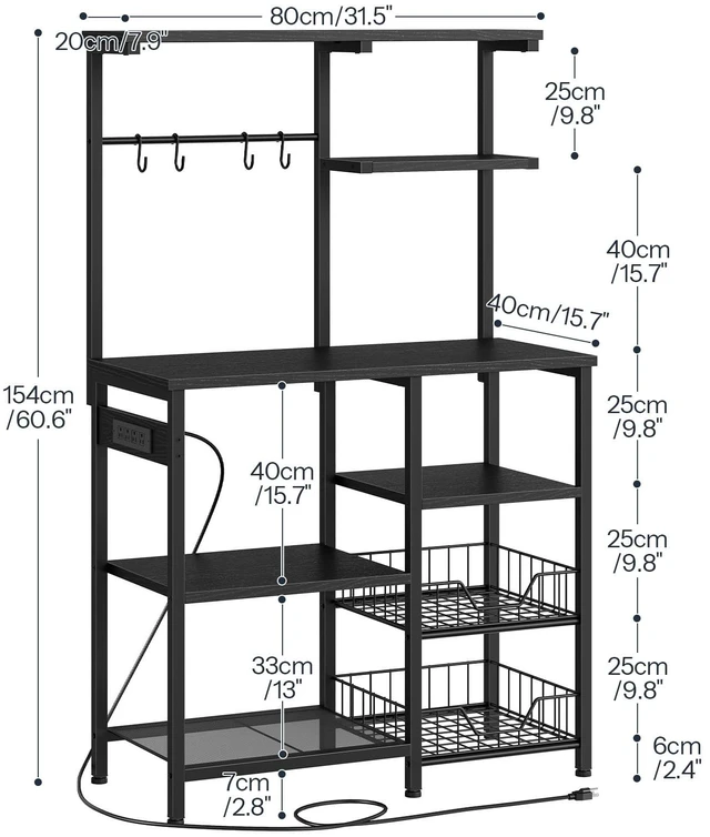 Alt view image 3 of 7 - Large Bakers Rack with Power Outlets, 6-Tier Microwave Stand with 4 Hooks, Coffee Bar, Kitchen Shelf with Wire Basket, for Kitchen, Living Room, Office, Black BB64UHB01