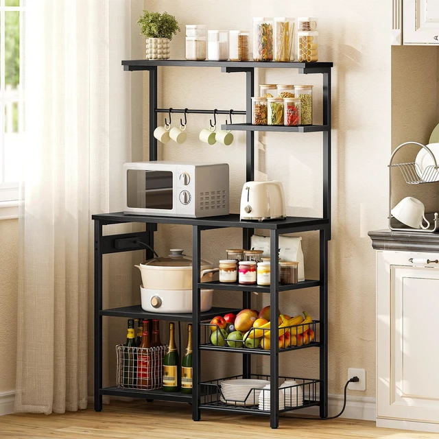 Alt view image 2 of 7 - Large Bakers Rack with Power Outlets, 6-Tier Microwave Stand with 4 Hooks, Coffee Bar, Kitchen Shelf with Wire Basket, for Kitchen, Living Room, Office, Black BB64UHB01
