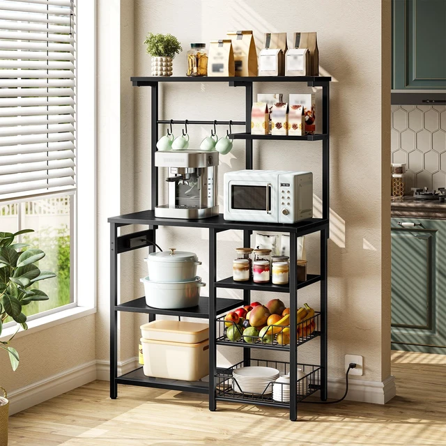Alt view image 4 of 7 - Large Bakers Rack with Power Outlets, 6-Tier Microwave Stand with 4 Hooks, Coffee Bar, Kitchen Shelf with Wire Basket, for Kitchen, Living Room, Office, Black BB64UHB01