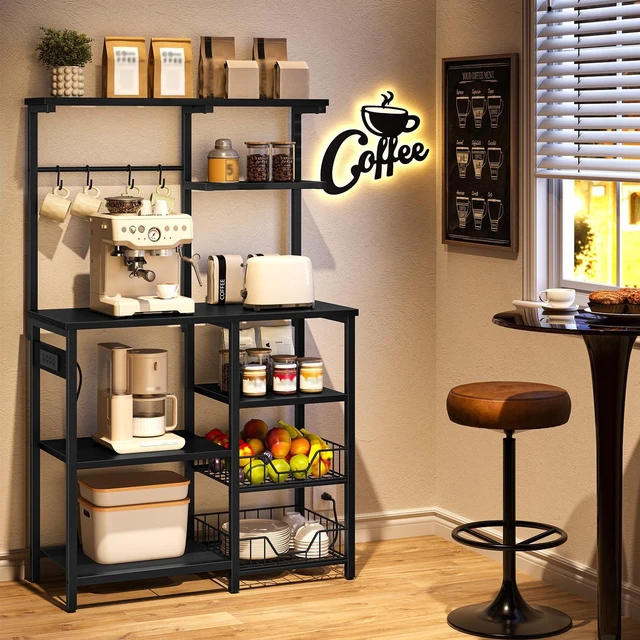 Alt view image 5 of 7 - Large Bakers Rack with Power Outlets, 6-Tier Microwave Stand with 4 Hooks, Coffee Bar, Kitchen Shelf with Wire Basket, for Kitchen, Living Room, Office, Black BB64UHB01