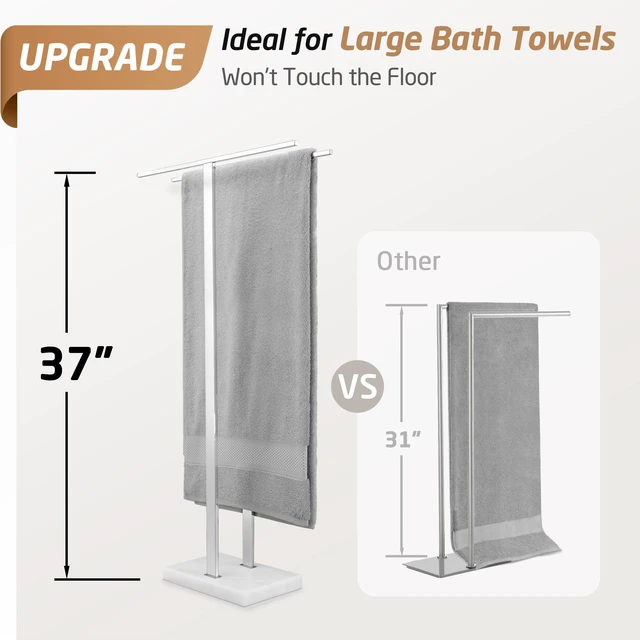 Alt view image 2 of 7 - Standing Towel Rack, 37" H, 18/8 Stainless Steel & Marble Base Polished | Polished Finish, Equal-Height Rods, Heavy Base (8.23 Lbs), Anti-Slip Pads, Fits Towels Up To 70"