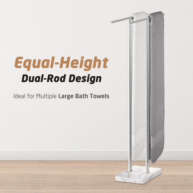 Alt view image 3 of 7 - Standing Towel Rack, 37" H, 18/8 Stainless Steel & Marble Base Polished | Polished Finish, Equal-Height Rods, Heavy Base (8.23 Lbs), Anti-Slip Pads, Fits Towels Up To 70"