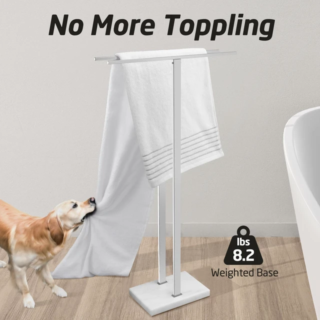 Alt view image 4 of 7 - Standing Towel Rack, 37" H, 18/8 Stainless Steel & Marble Base Polished | Polished Finish, Equal-Height Rods, Heavy Base (8.23 Lbs), Anti-Slip Pads, Fits Towels Up To 70"