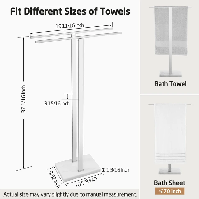 Alt view image 6 of 7 - Standing Towel Rack, 37" H, 18/8 Stainless Steel & Marble Base Polished | Polished Finish, Equal-Height Rods, Heavy Base (8.23 Lbs), Anti-Slip Pads, Fits Towels Up To 70"