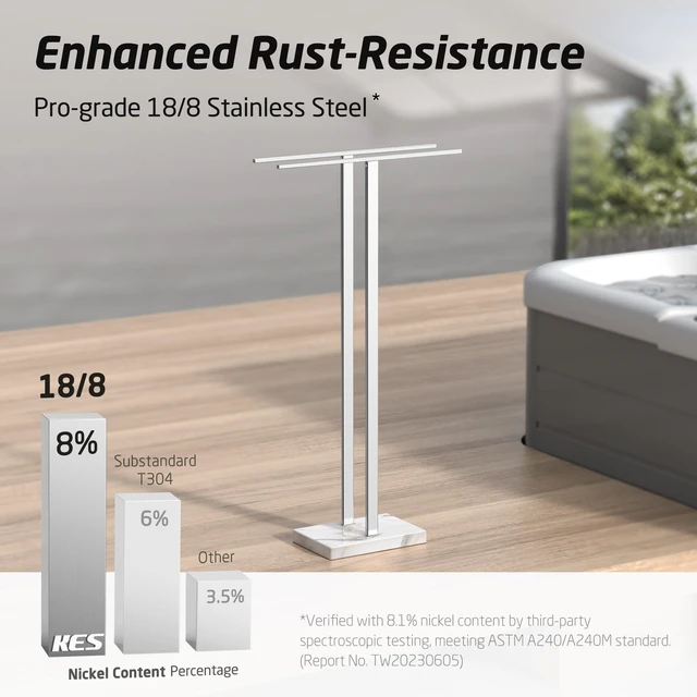 Alt view image 7 of 7 - Standing Towel Rack, 37" H, 18/8 Stainless Steel & Marble Base Polished | Polished Finish, Equal-Height Rods, Heavy Base (8.23 Lbs), Anti-Slip Pads, Fits Towels Up To 70"