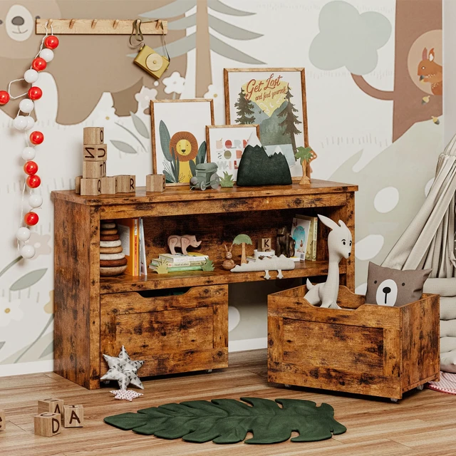 Alt view image 2 of 7 - Toy Storage Organizer with Drawers, Floor Toy Box with Wheels | Storage Chest with Shelf, for Nursery, Playroom, and Bedroom, Vintage Brown