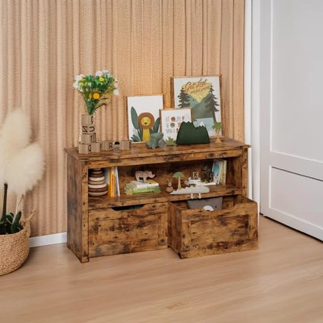 Alt view image 5 of 7 - Toy Storage Organizer with Drawers, Floor Toy Box with Wheels | Storage Chest with Shelf, for Nursery, Playroom, and Bedroom, Vintage Brown