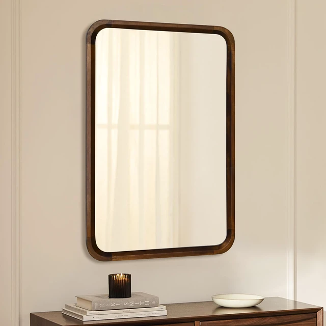 Alt view image 2 of 7 - Wood Bathroom Mirror for Wall,Rectangle 24 x 36 inch Vanity Brown Mirrors | Walnut Hanging Tempered Mirror with Rounded Corner for Living Room,Bedroom,Entryway (Walnut, 24x36 Inch)