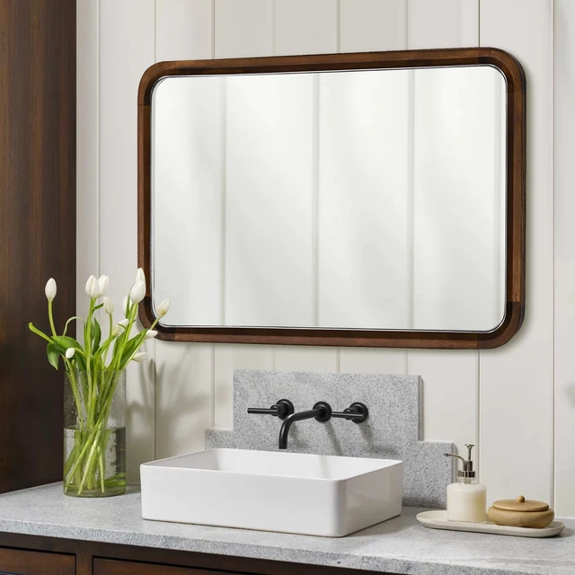 Alt view image 3 of 7 - Wood Bathroom Mirror for Wall,Rectangle 24 x 36 inch Vanity Brown Mirrors | Walnut Hanging Tempered Mirror with Rounded Corner for Living Room,Bedroom,Entryway (Walnut, 24x36 Inch)
