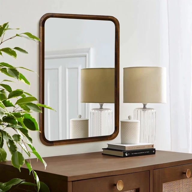 Alt view image 4 of 7 - Wood Bathroom Mirror for Wall,Rectangle 24 x 36 inch Vanity Brown Mirrors | Walnut Hanging Tempered Mirror with Rounded Corner for Living Room,Bedroom,Entryway (Walnut, 24x36 Inch)