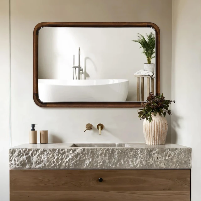Alt view image 6 of 7 - Wood Bathroom Mirror for Wall,Rectangle 24 x 36 inch Vanity Brown Mirrors | Walnut Hanging Tempered Mirror with Rounded Corner for Living Room,Bedroom,Entryway (Walnut, 24x36 Inch)