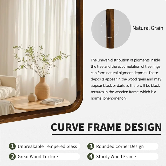 Alt view image 5 of 7 - Wood Bathroom Mirror for Wall,Rectangle 24 x 36 inch Vanity Brown Mirrors | Walnut Hanging Tempered Mirror with Rounded Corner for Living Room,Bedroom,Entryway (Walnut, 24x36 Inch)