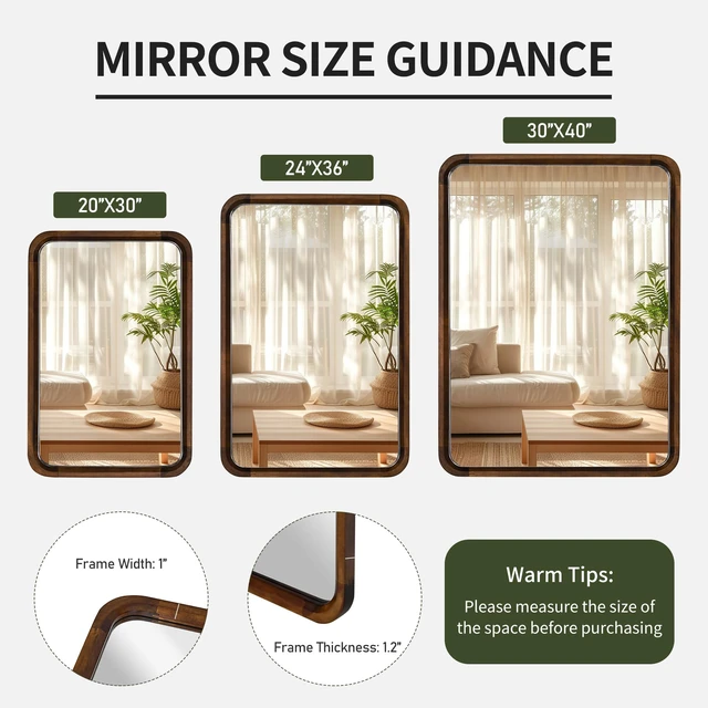 Alt view image 7 of 7 - Wood Bathroom Mirror for Wall,Rectangle 24 x 36 inch Vanity Brown Mirrors | Walnut Hanging Tempered Mirror with Rounded Corner for Living Room,Bedroom,Entryway (Walnut, 24x36 Inch)
