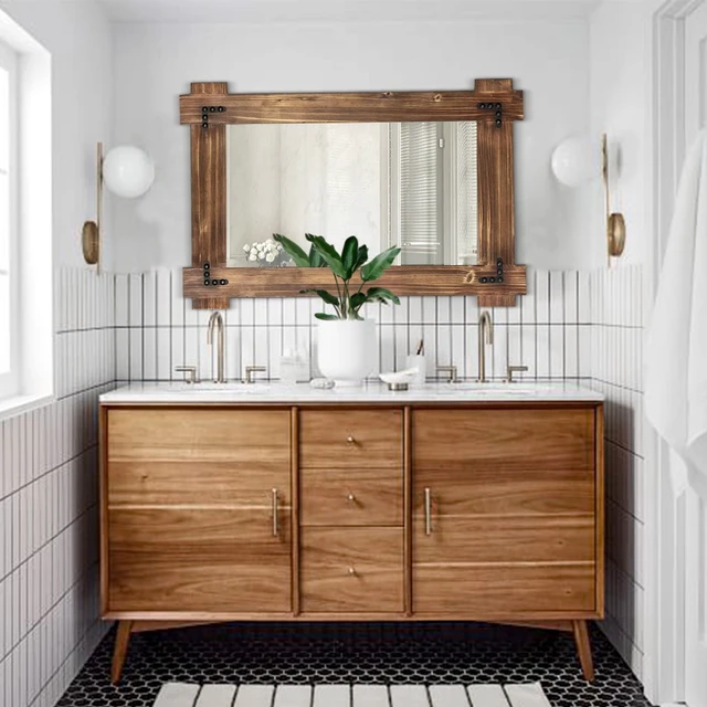 Alt view image 2 of 7 - Rustic Wood Bathroom Mirror 30x20 Inch, Farmhouse Vanity Mirror | Western barn wood accent for half bath, powder room, hallway or above the sink