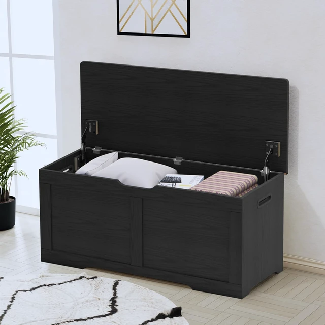Alt view image 4 of 7 - 39.4" Storage Chest, Wooden Storage Bench, Lift Top Toy Chest | Large Toy Box with 2 Safety Hinges, Entryway Bench for Bedroom, Living Room, Black
