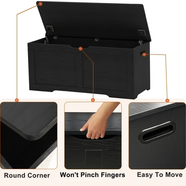Alt view image 6 of 7 - 39.4" Storage Chest, Wooden Storage Bench, Lift Top Toy Chest | Large Toy Box with 2 Safety Hinges, Entryway Bench for Bedroom, Living Room, Black