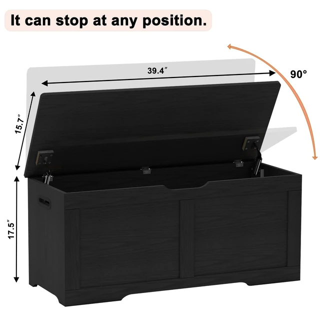 Alt view image 7 of 7 - 39.4" Storage Chest, Wooden Storage Bench, Lift Top Toy Chest | Large Toy Box with 2 Safety Hinges, Entryway Bench for Bedroom, Living Room, Black