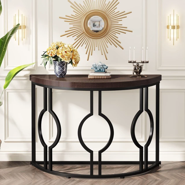Main image of Half Moon Console Table for Entryway, 43 Inch Industrial Semi Circle Sofa Table with Geometric Base, Wood Accent Table for Living Room, Hallway, Foyer, Entrance, Rustic Brown