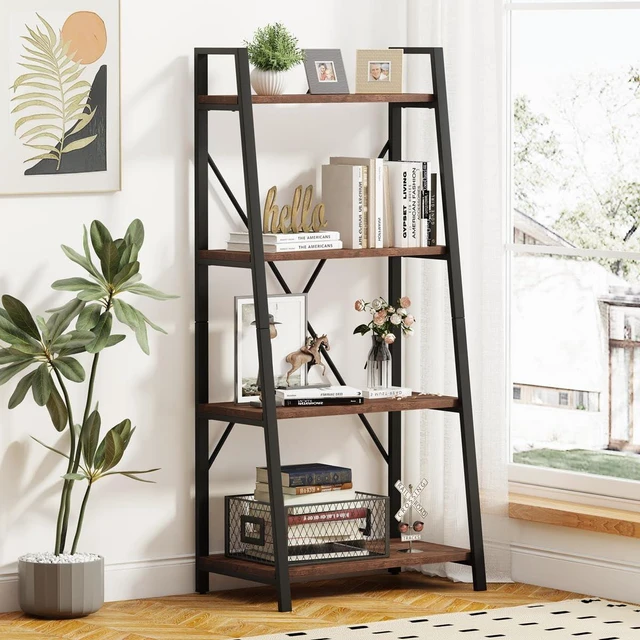 Main image of Industrial Ladder Shelf Bookcase, 4 Tier Rustic Ladder Bookshelf, Standing Leaning Book Shelves for Living Room (Rustic Oak)