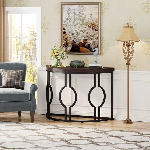 Alt view image 2 of 7 - Half Moon Console Table for Entryway, 43 Inch Industrial Semi Circle Sofa Table with Geometric Base, Wood Accent Table for Living Room, Hallway, Foyer, Entrance, Rustic Brown