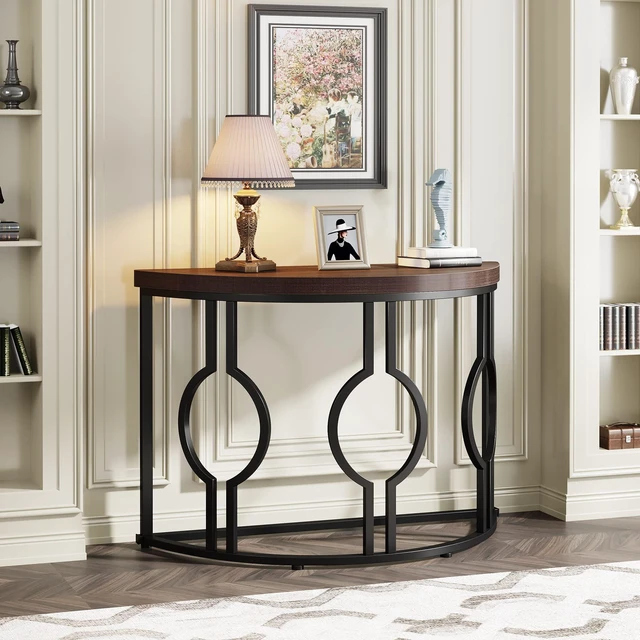 Alt view image 3 of 7 - Half Moon Console Table for Entryway, 43 Inch Industrial Semi Circle Sofa Table with Geometric Base, Wood Accent Table for Living Room, Hallway, Foyer, Entrance, Rustic Brown