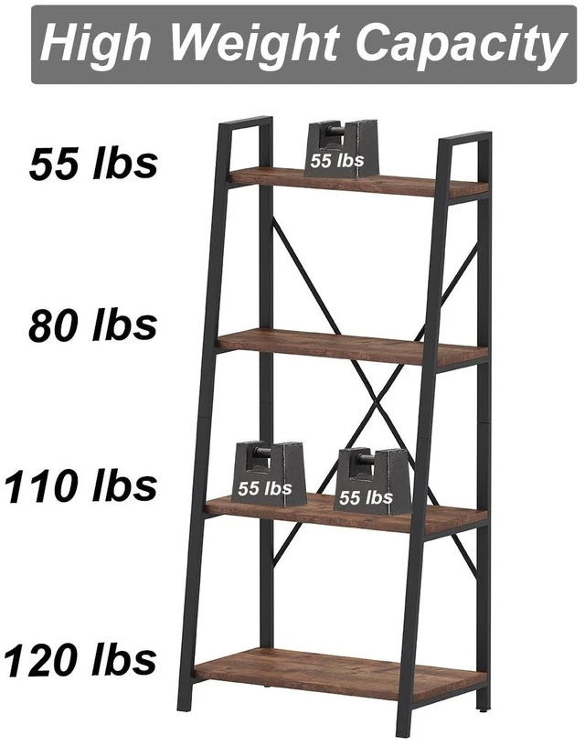 Alt view image 2 of 6 - Industrial Ladder Shelf Bookcase, 4 Tier Rustic Ladder Bookshelf, Standing Leaning Book Shelves for Living Room (Rustic Oak)