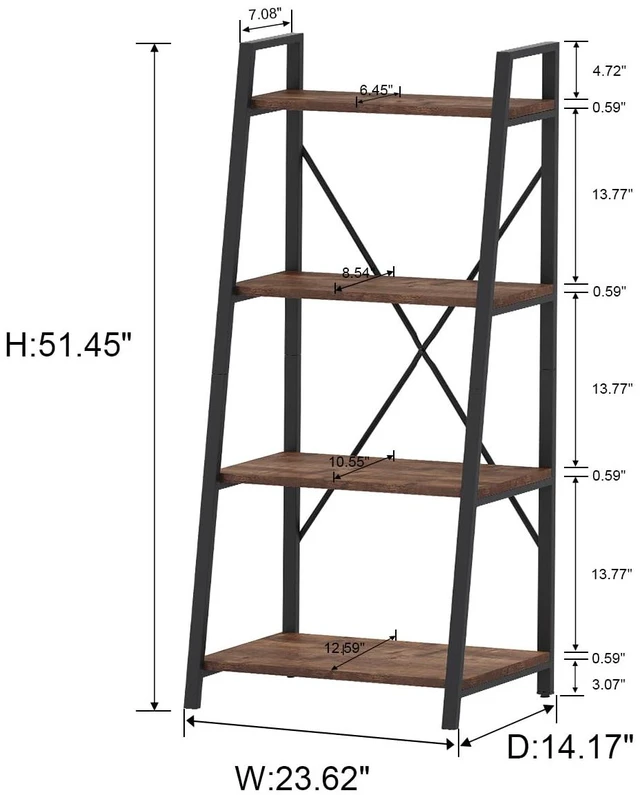 Alt view image 3 of 6 - Industrial Ladder Shelf Bookcase, 4 Tier Rustic Ladder Bookshelf, Standing Leaning Book Shelves for Living Room (Rustic Oak)