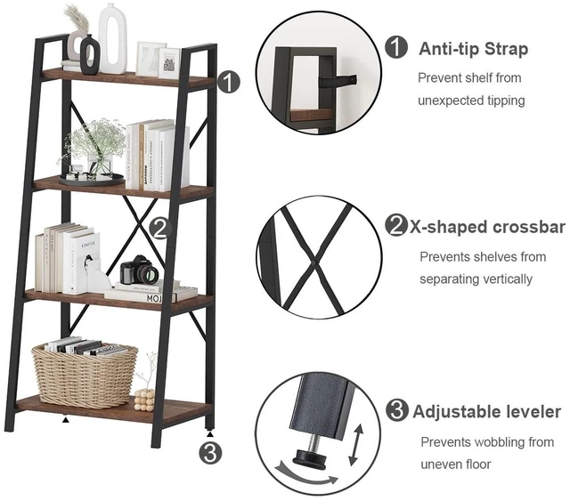 Alt view image 4 of 6 - Industrial Ladder Shelf Bookcase, 4 Tier Rustic Ladder Bookshelf, Standing Leaning Book Shelves for Living Room (Rustic Oak)