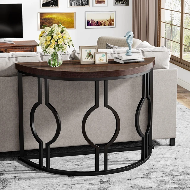 Alt view image 5 of 7 - Half Moon Console Table for Entryway, 43 Inch Industrial Semi Circle Sofa Table with Geometric Base, Wood Accent Table for Living Room, Hallway, Foyer, Entrance, Rustic Brown