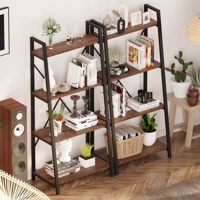 Alt view image 5 of 6 - Industrial Ladder Shelf Bookcase, 4 Tier Rustic Ladder Bookshelf, Standing Leaning Book Shelves for Living Room (Rustic Oak)