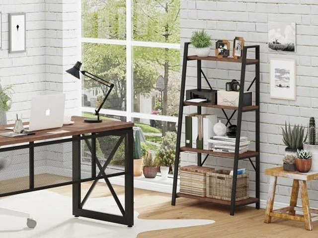 Alt view image 6 of 6 - Industrial Ladder Shelf Bookcase, 4 Tier Rustic Ladder Bookshelf, Standing Leaning Book Shelves for Living Room (Rustic Oak)