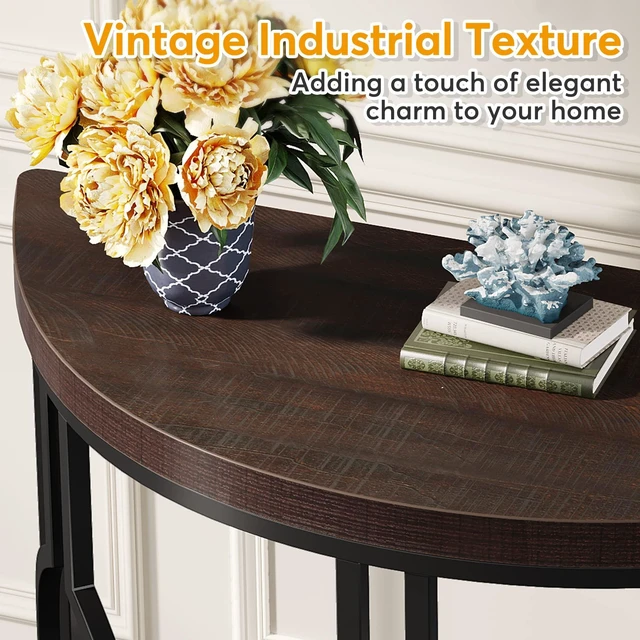 Alt view image 6 of 7 - Half Moon Console Table for Entryway, 43 Inch Industrial Semi Circle Sofa Table with Geometric Base, Wood Accent Table for Living Room, Hallway, Foyer, Entrance, Rustic Brown